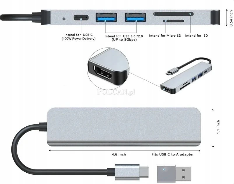 Bounn daugiafunkcis 6-in-1 adapteris su techniniais matmenimis