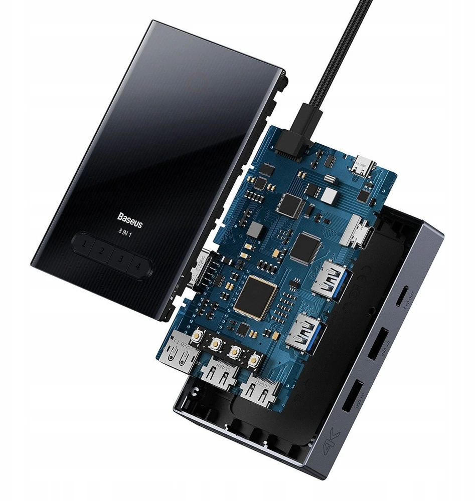Baseus PioneerJoy 8 viename USB-C šakotuvas HDMI 4K@60Hz + HDMI 4K@30Hz + DisplayPort 8K@30Hz + VGA + 2 x USB-A 3.0 + 2 x USB-C - pilkos spalvos