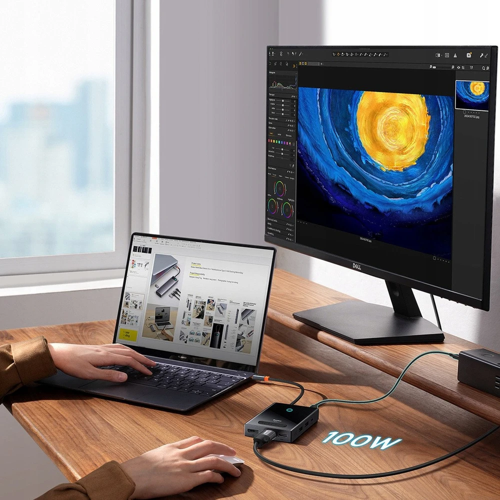 Baseus PioneerJoy 8 viename USB-C šakotuvas HDMI 4K@60Hz + HDMI 4K@30Hz + DisplayPort 8K@30Hz + VGA + 2 x USB-A 3.0 + 2 x USB-C - pilkos spalvos