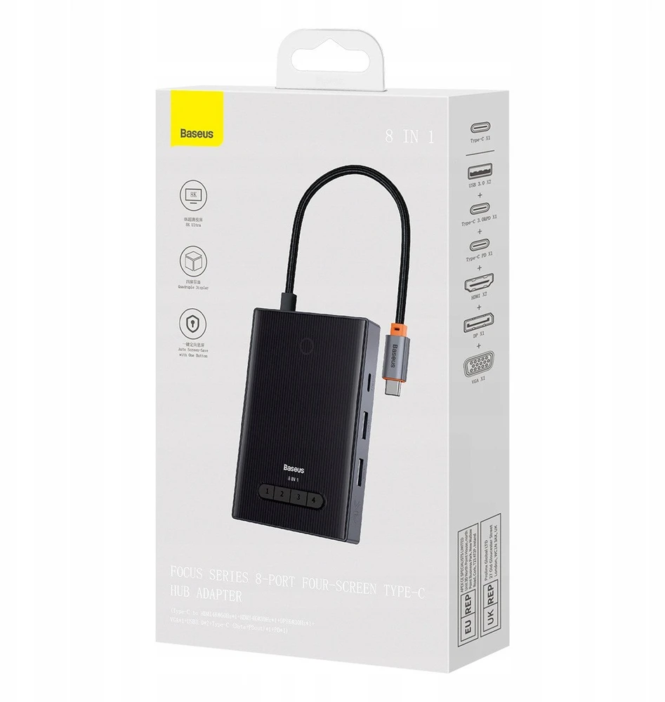 Baseus PioneerJoy 8 viename USB-C šakotuvas HDMI 4K@60Hz + HDMI 4K@30Hz + DisplayPort 8K@30Hz + VGA + 2 x USB-A 3.0 + 2 x USB-C - pilkos spalvos