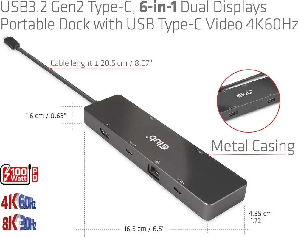 HUB USB Club 3D Club 3D dokumetas USB-C 3.2 Gen1 6in1 Hub 1x USB-C Video 4K60Hz, 1x HDMI 4K60Hz, 2x USB-A, USB-C PD 100W, RJ45