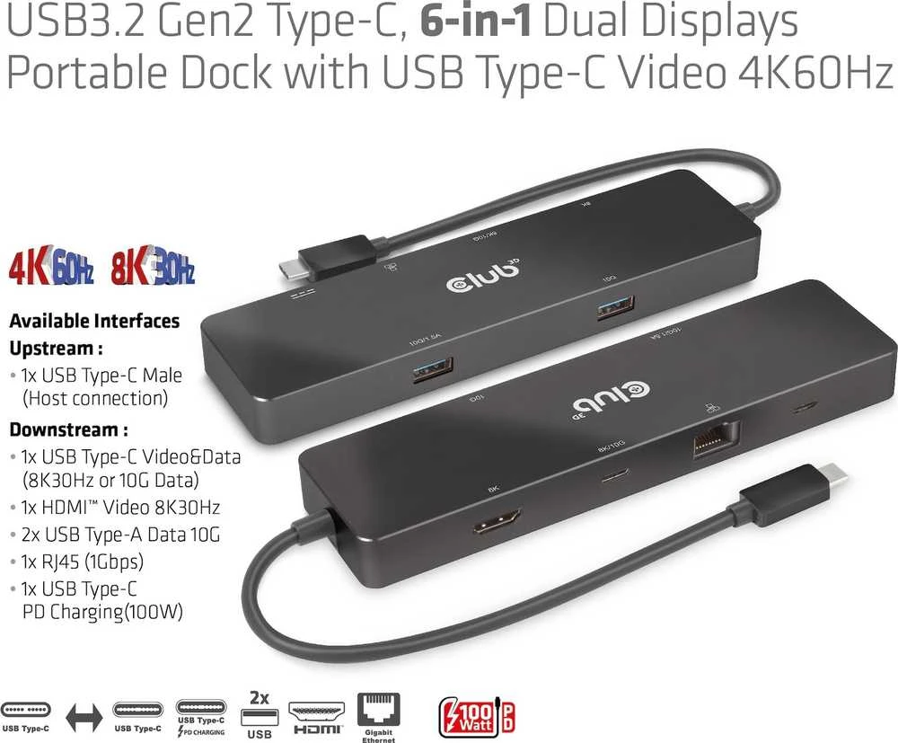 HUB USB Club 3D Club 3D dokumetas USB-C 3.2 Gen1 6in1 Hub 1x USB-C Video 4K60Hz, 1x HDMI 4K60Hz, 2x USB-A, USB-C PD 100W, RJ45