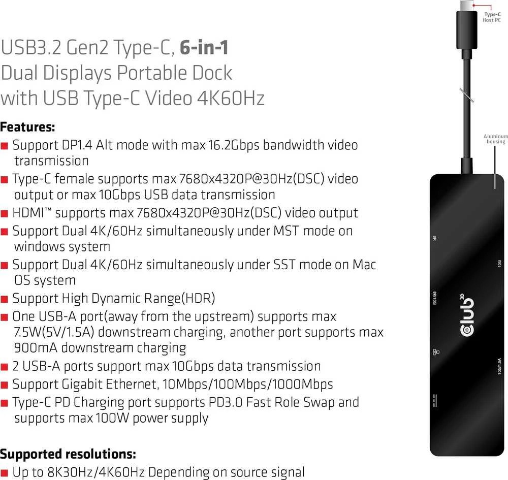 HUB USB Club 3D Club 3D dokumetas USB-C 3.2 Gen1 6in1 Hub 1x USB-C Video 4K60Hz, 1x HDMI 4K60Hz, 2x USB-A, USB-C PD 100W, RJ45