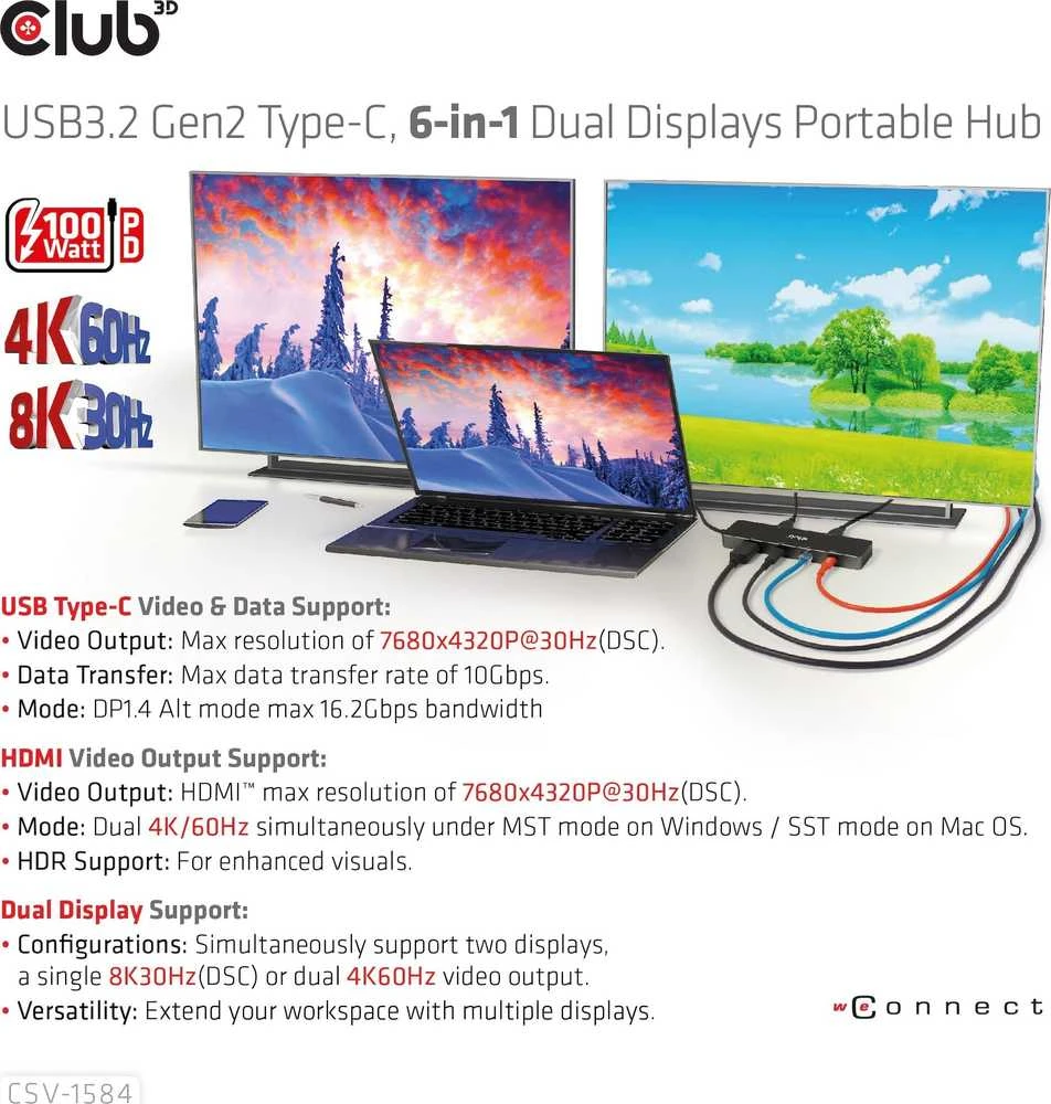 HUB USB Club 3D Club 3D dokumetas USB-C 3.2 Gen1 6in1 Hub 1x USB-C Video 4K60Hz, 1x HDMI 4K60Hz, 2x USB-A, USB-C PD 100W, RJ45