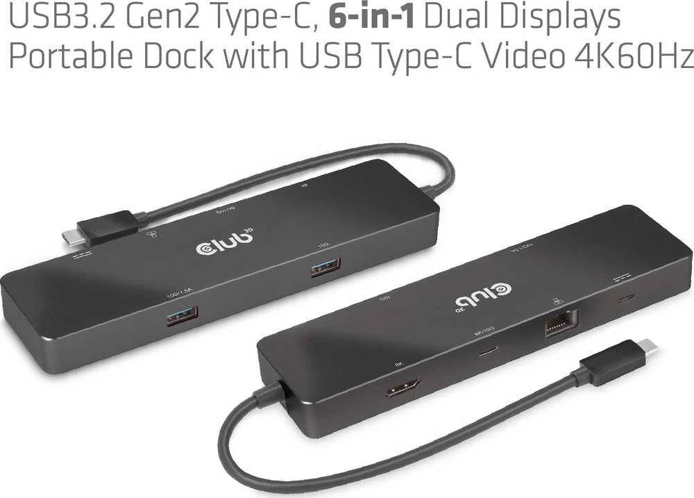 HUB USB Club 3D Club 3D dokumetas USB-C 3.2 Gen1 6in1 Hub 1x USB-C Video 4K60Hz, 1x HDMI 4K60Hz, 2x USB-A, USB-C PD 100W, RJ45