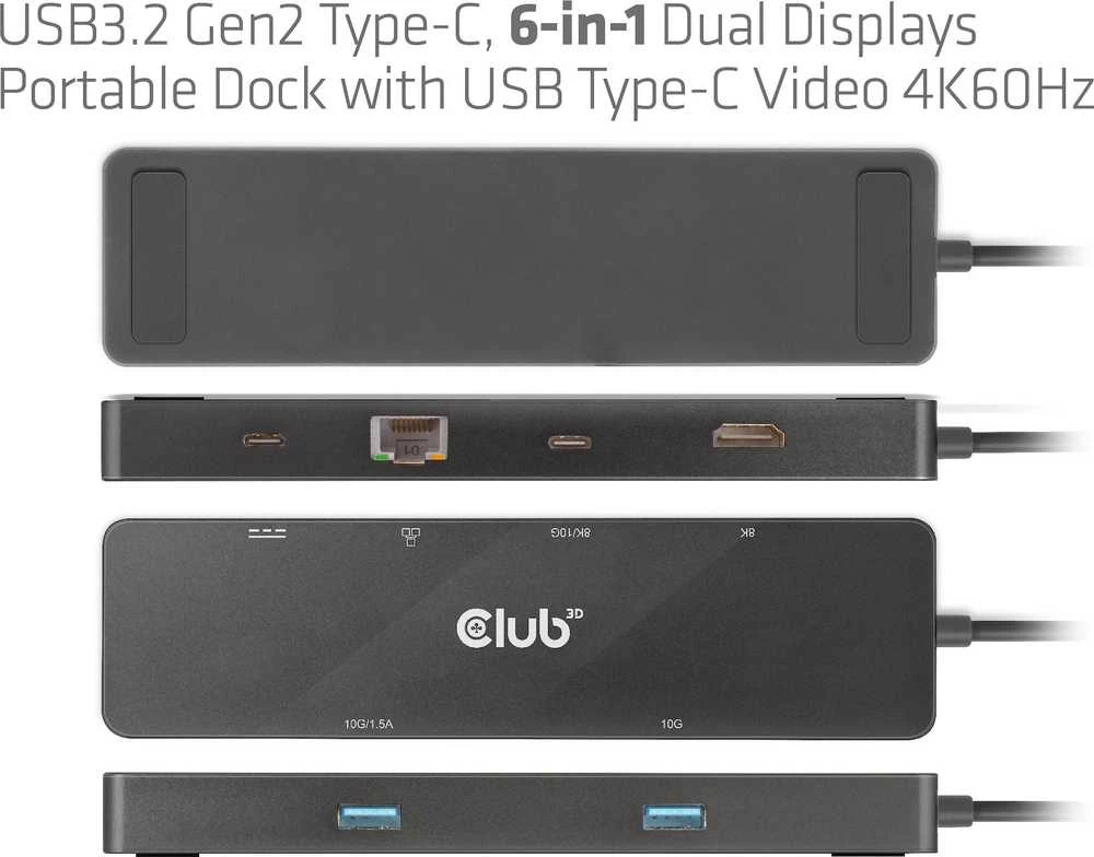 HUB USB Club 3D Club 3D dokumetas USB-C 3.2 Gen1 6in1 Hub 1x USB-C Video 4K60Hz, 1x HDMI 4K60Hz, 2x USB-A, USB-C PD 100W, RJ45