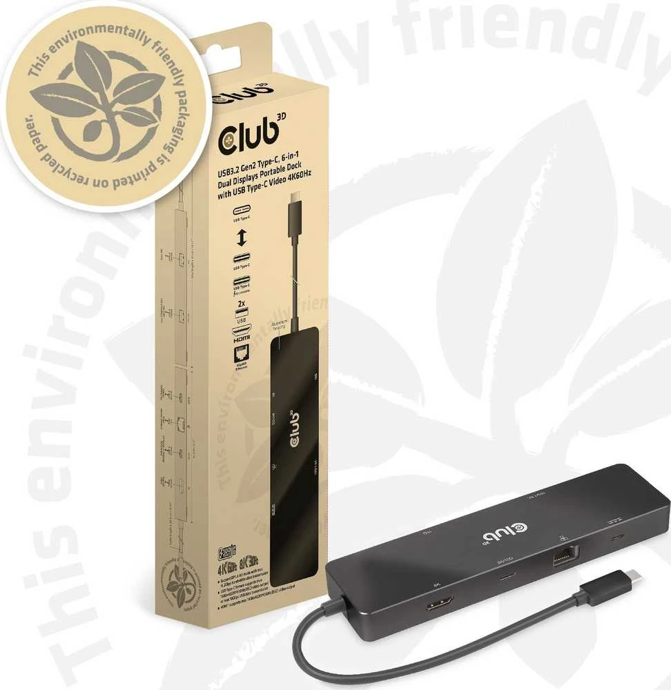 HUB USB Club 3D Club 3D dokumetas USB-C 3.2 Gen1 6in1 Hub 1x USB-C Video 4K60Hz, 1x HDMI 4K60Hz, 2x USB-A, USB-C PD 100W, RJ45