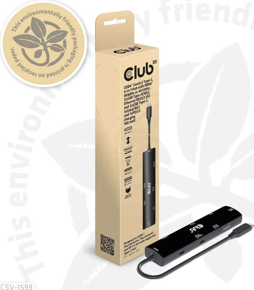 HUB USB Club 3D Club3D šakotuvas USB-C (USB4), 6 viename šakotuvas su HDMI 8K60Hz/4K120Hz, 2xUSB-A, RJ45 ir 2xUSB-C, 1xData, 1xPD - įkraunama 100W