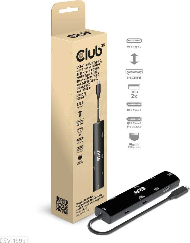 HUB USB Club 3D Club3D šakotuvas USB-C (USB4), 6 viename šakotuvas su HDMI 8K60Hz/4K120Hz, 2xUSB-A, RJ45 ir 2xUSB-C, 1xData, 1xPD - įkraunama 100W
