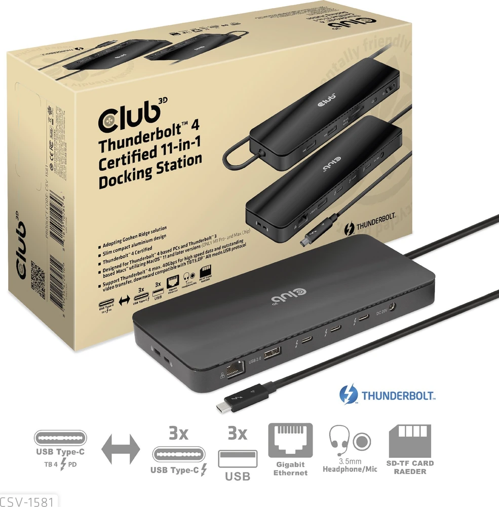 HUB USB Club 3D Club3D Thunderbolt4 11-in-1 HUB > 3xThunderbolt/3xUSB St/Bu retail