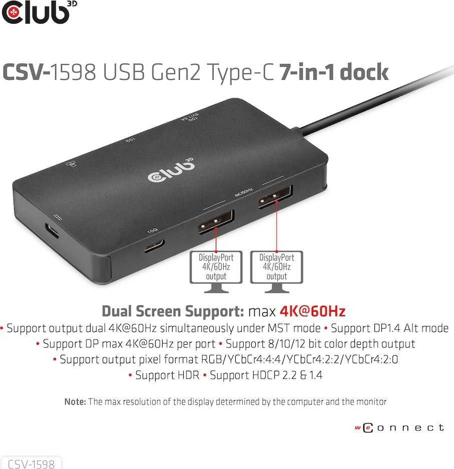 HUB USB Club 3D Club3D USB-7-in1-HUB USB-C > 2xDP/2xUSB/2xUSB-C/RJ45 100W mažmeninė prekyba