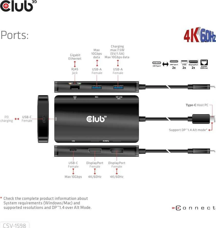 HUB USB Club 3D Club3D USB-7-in1-HUB USB-C > 2xDP/2xUSB/2xUSB-C/RJ45 100W mažmeninė prekyba