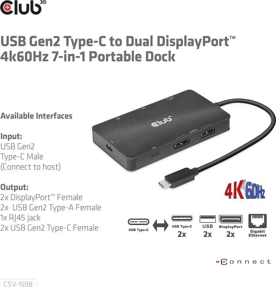 HUB USB Club 3D Club3D USB-7-in1-HUB USB-C > 2xDP/2xUSB/2xUSB-C/RJ45 100W mažmeninė prekyba