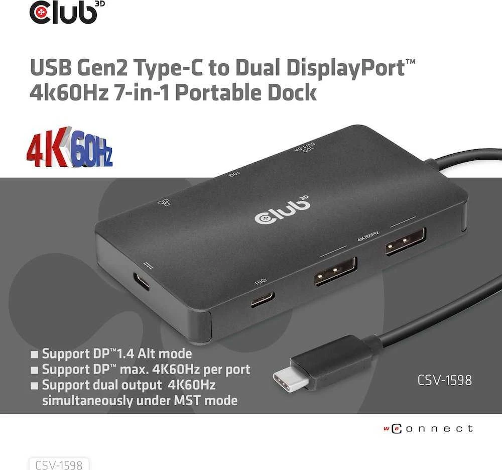 HUB USB Club 3D Club3D USB-7-in1-HUB USB-C > 2xDP/2xUSB/2xUSB-C/RJ45 100W mažmeninė prekyba