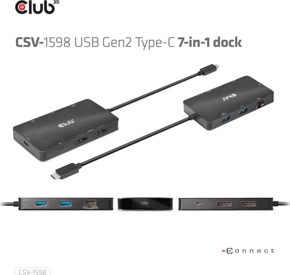 HUB USB Club 3D Club3D USB-7-in1-HUB USB-C > 2xDP/2xUSB/2xUSB-C/RJ45 100W mažmeninė prekyba