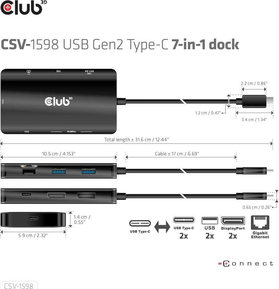 HUB USB Club 3D Club3D USB-7-in1-HUB USB-C > 2xDP/2xUSB/2xUSB-C/RJ45 100W mažmeninė prekyba
