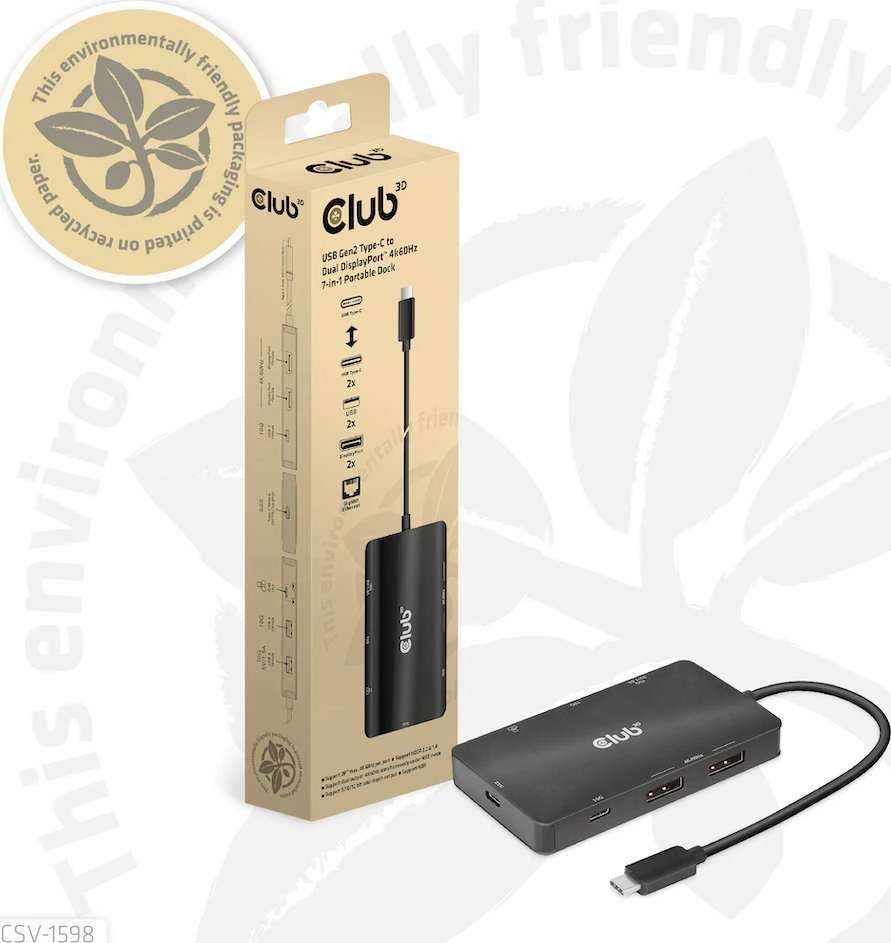 HUB USB Club 3D Club3D USB-7-in1-HUB USB-C > 2xDP/2xUSB/2xUSB-C/RJ45 100W mažmeninė prekyba