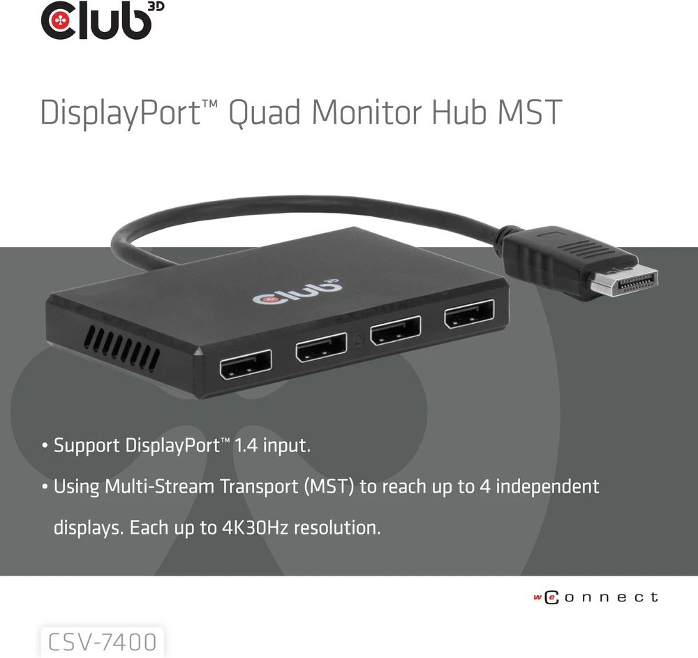 „Club 3D Hub USB Club Hub 3D MST“ (daugiasrautinis perdavimas) „DisplayPort 1.4“ su 4 „DisplayPort“, daugiakanalis monitorius, 4 „4K30Hz“, „8K30Hz“