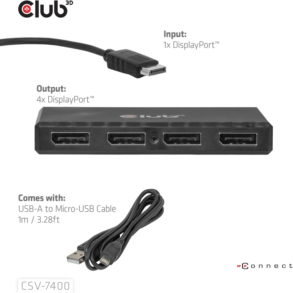„Club 3D Hub USB Club Hub 3D MST“ (daugiasrautinis perdavimas) „DisplayPort 1.4“ su 4 „DisplayPort“, daugiakanalis monitorius, 4 „4K30Hz“, „8K30Hz“