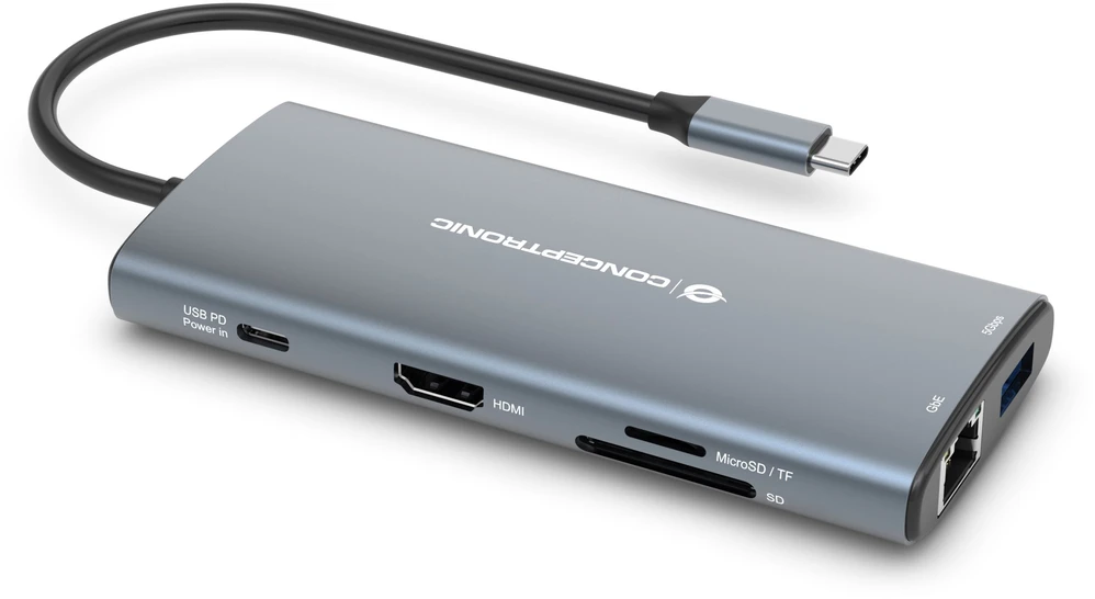 Carruzzo Conceptronic DONN06G knyginių kompiuterių dokas / jungčių replikatorius Vielinis USB 3.2 Gen 1 (3.1 Gen 1) Type-C Pilka