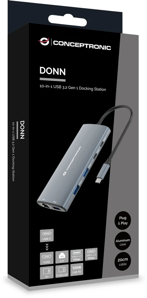 Carruzzo Conceptronic DONN06G knyginių kompiuterių dokas / jungčių replikatorius Vielinis USB 3.2 Gen 1 (3.1 Gen 1) Type-C Pilka