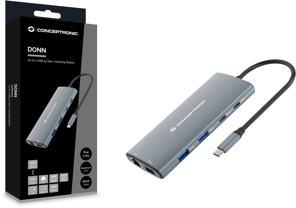 Carruzzo Conceptronic DONN06G knyginių kompiuterių dokas / jungčių replikatorius Vielinis USB 3.2 Gen 1 (3.1 Gen 1) Type-C Pilka