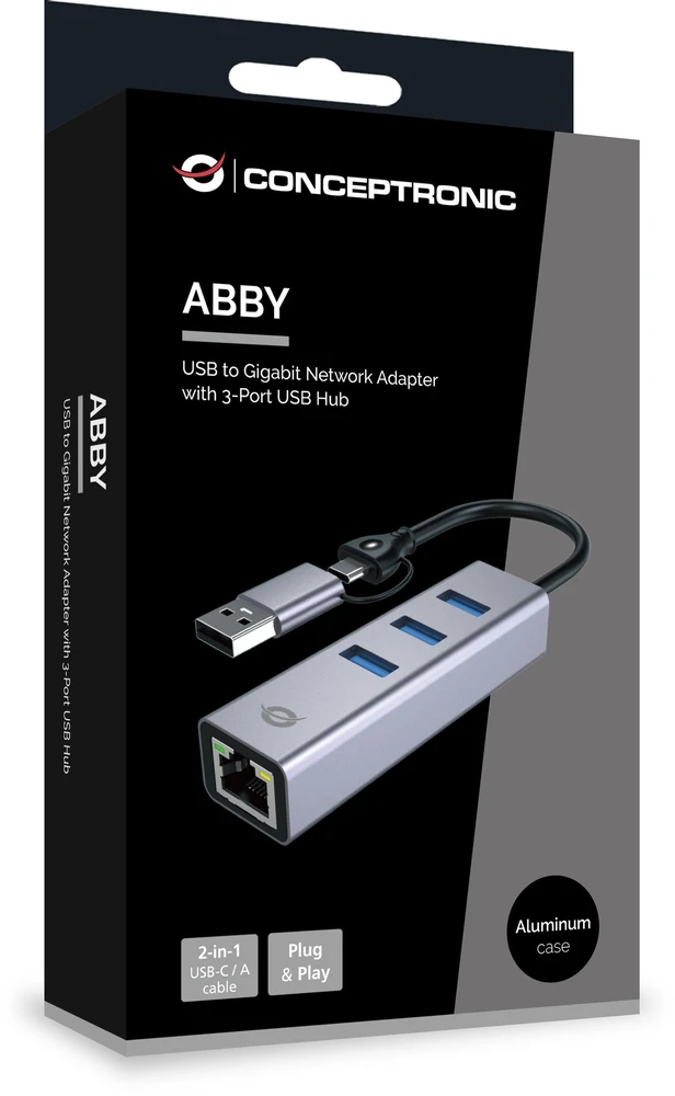 HUB USB Conceptronic CONCEPTRONIC Adapteris USB-C/-A3.0->GbE+3x-A3.0 5Gbs gr