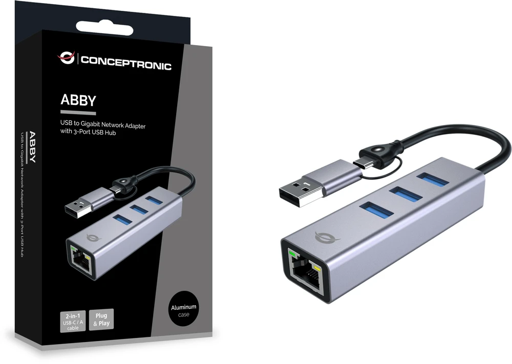 Carruzzo Conceptronic ABBY25G knyginių kompiuterių dokas / jungčių replikatorius Vielinis USB 3.2 Gen 1 (3.1 Gen 1) Type-A + Type-C Pilka