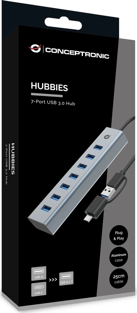 USB ŠAKOTUVAS „Conceptronic“ „Conceptronic HUBBIES21G“ koncentratorius USB 3.2 Gen 1 (3.1 Gen 1) A tipo 5000 Mbit/s Pilka