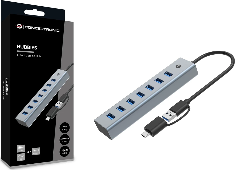 USB ŠAKOTUVAS „Conceptronic“ „Conceptronic HUBBIES21G“ koncentratorius USB 3.2 Gen 1 (3.1 Gen 1) A tipo 5000 Mbit/s Pilka