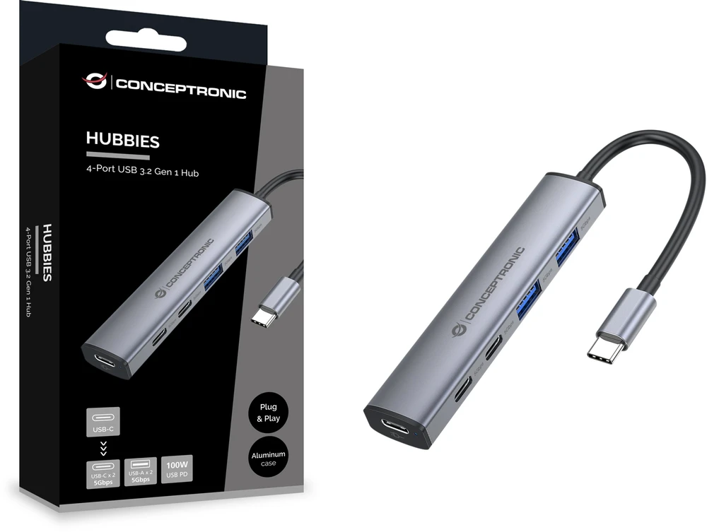 HUB USB Conceptronic Huby i koncentratory USB 3.2 Gen 1 (3.1 Gen 1) Type-C 5000 Mbit/s pilka (HUBBIES22G)