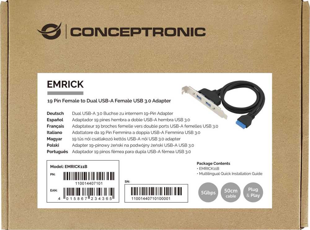 „Conceptronic“ USB šakotuvas, baltas, 19 kontaktų, dvigubas, 2x USB-A 3.0 prievadų, su sw