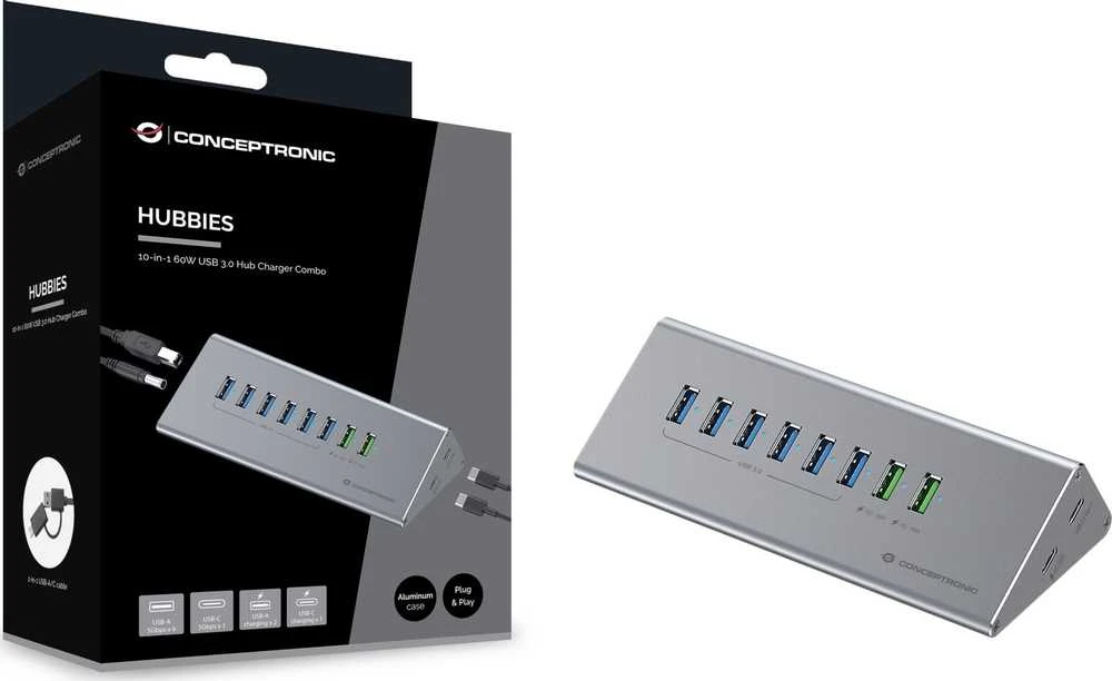 Carruzzo Conceptronic HUBBIES18G sąsajos šakotuvas USB 3.2 Gen 1 (3.1 Gen 1) Type-B 5000 Mbit/ai Pilka