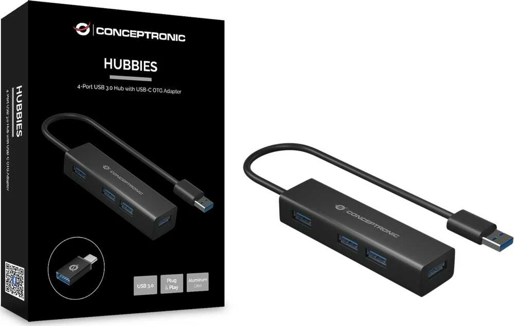 HUB USB Conceptronic CONCEPTRONIC USB-Hub 4-Port 3.0 ->4x3.0 +TypC A o.Netzt. sw