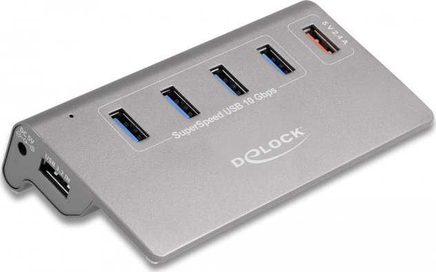 USB ŠAKOTUVAS Delock DeLOCK USB 10 Gbps šakotuvas su 4 USB A tipo prievadais + 1 greito įkrovimo prievadu, USB šakotuvas (pilkas, su maitinimo šaltiniu)