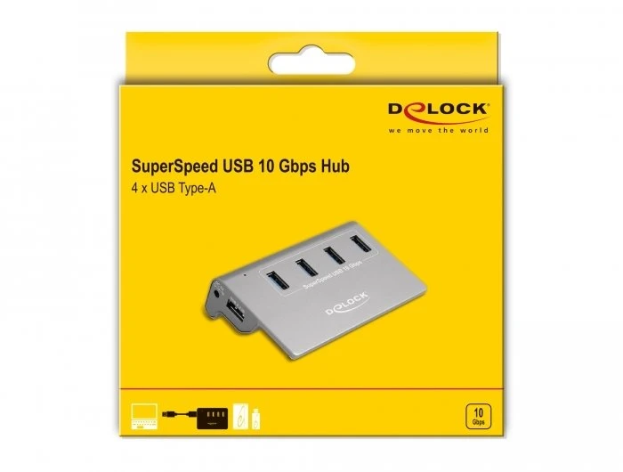 HUB USB Delock Delock USB 3.2 Gen 2 Hub – 4 USB Type A Ports – 10 Gbps – Metal Case – Gray