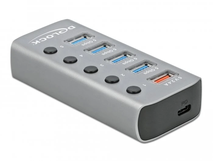 HUB USB Delock Hub USB 5 Gbps su 4 Portami + 1 Portem ładowania + 1 Portem USB-C PD 3.0 su przełącznikiem i podświetleniem