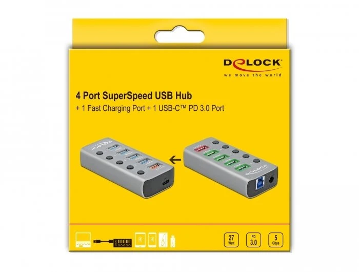 HUB USB Delock Hub USB 5 Gbps su 4 Portami + 1 Portem ładowania + 1 Portem USB-C PD 3.0 su przełącznikiem i podświetleniem