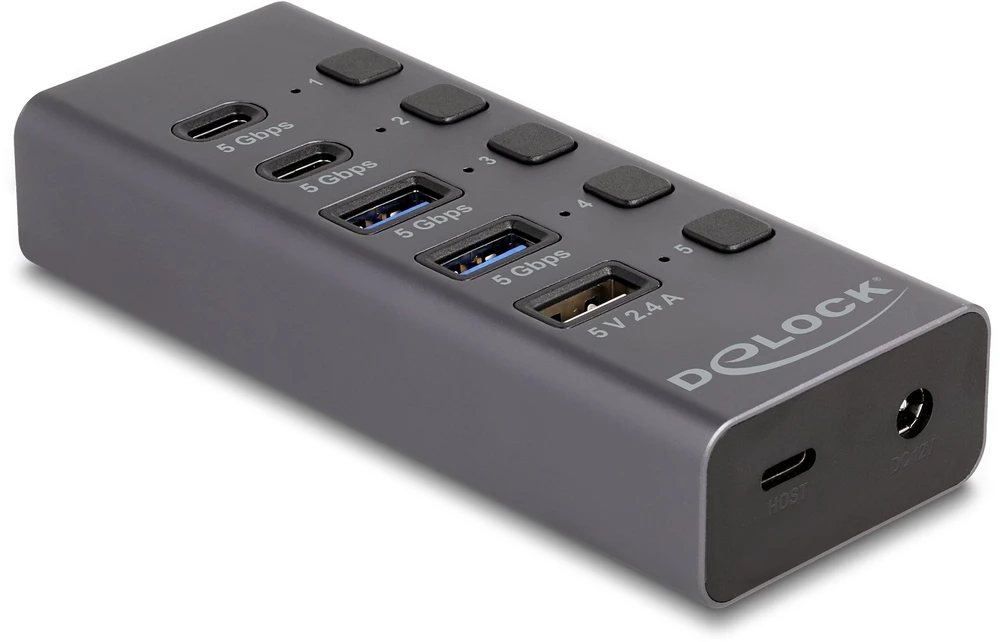 HUB USB Delock USB 5 Gbps Hub su 2 x USB Typ-A i 2 x USB Type-C™ gniazdo i 1 x port szybkiego ładowania + przełącznik