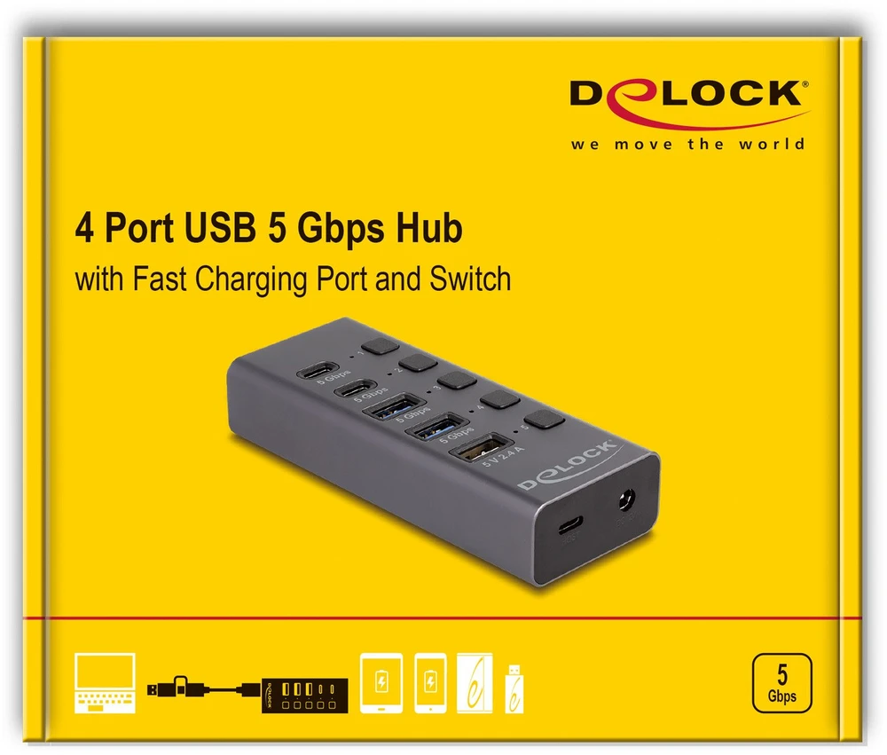 HUB USB Delock USB 5 Gbps Hub su 2 x USB Typ-A i 2 x USB Type-C™ gniazdo i 1 x port szybkiego ładowania + przełącznik