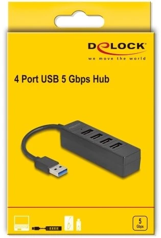 Delock USB šakotuvas 4 prievadų USB 5 Gbps su 4 x USB Type-A lizdais, juodas