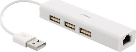 USB tinklo plokštė DELTACO USB 2.0 100Mb/s, su 3xUSB HUB / USB2-LAN3