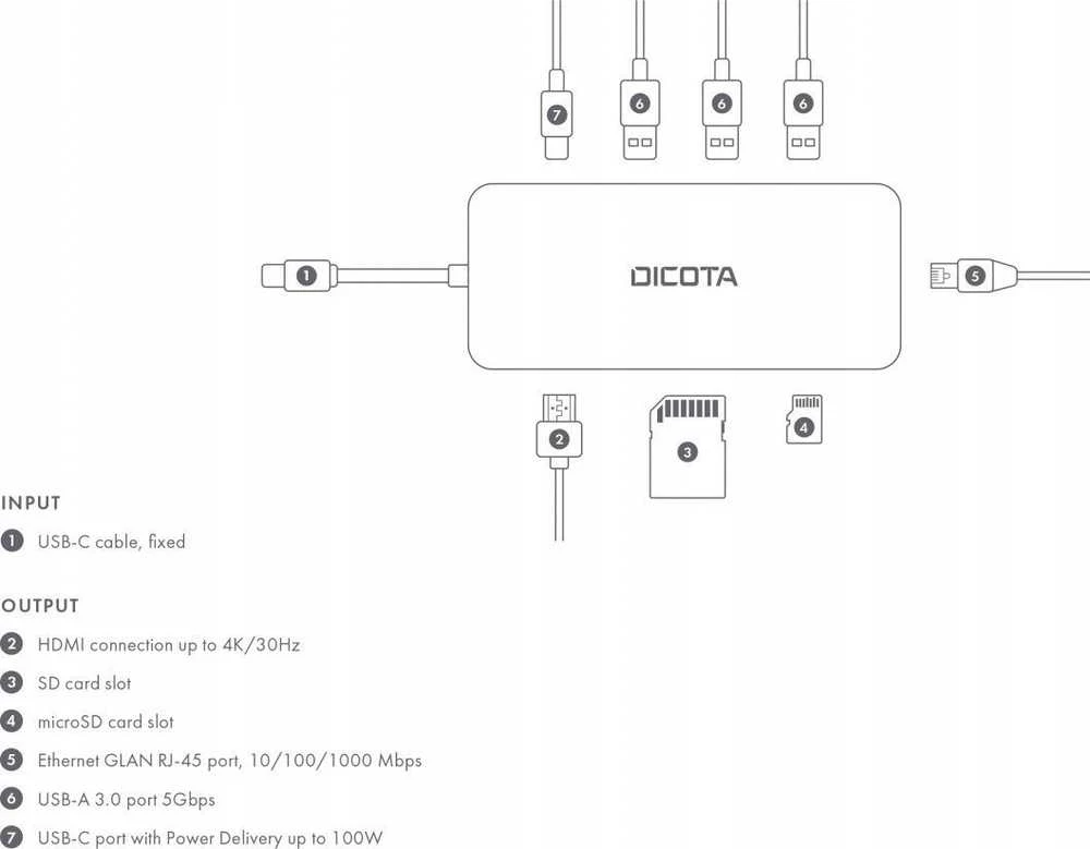 Dicota USB-C šakotuvas, 8 vnt., 1 daugiafunkcis šakotuvas, 4K PD, 100 W