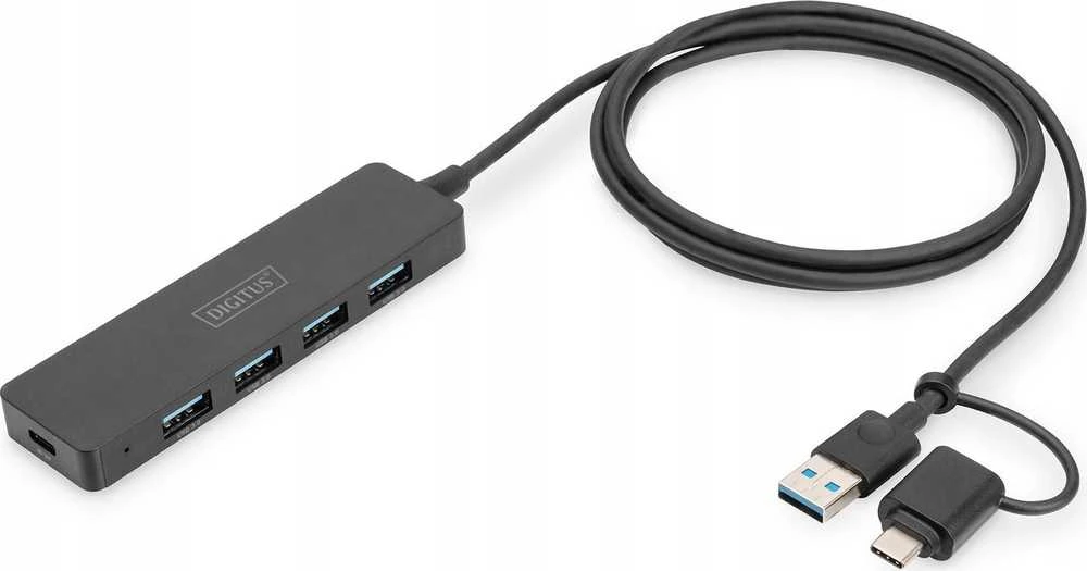„Digitus Hub“ USB 3.0/4 prievadų „SlimLine USB A Hub“ + USB-C adapteris 1,2 m 5 Gbps, USB-C maitinimo jungtis
