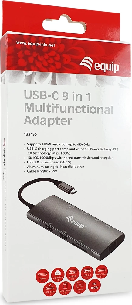 Equip 133490 knyginių kompiuterių dokas / jungčių replikatorius Vielinis USB 3.2 Gen 1 (3.1 Gen 1) Type-C Pilka