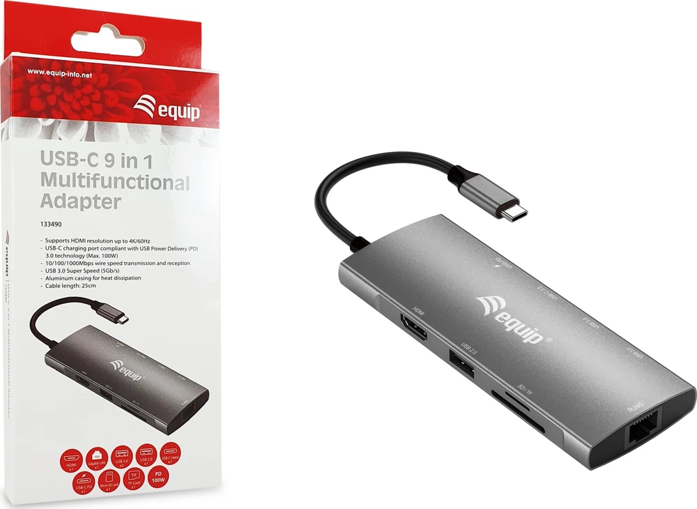 Equip 9-in-1 USB-C adapteris su jungčių žymėjimu