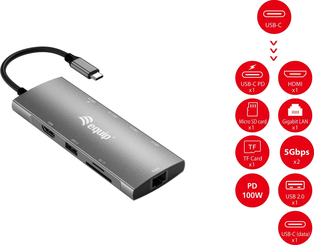 Equip 133490 knyginių kompiuterių dokas / jungčių replikatorius Vielinis USB 3.2 Gen 1 (3.1 Gen 1) Type-C Pilka