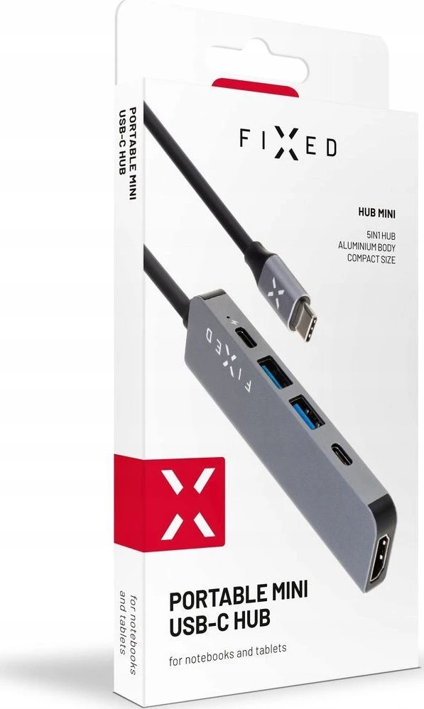 Fixed Fiksuotas | 5 prievadų USB-C mini šakotuvas nešiojamiesiems kompiuteriams ir planšetiniams kompiuteriams | FIXHU-MN-GR