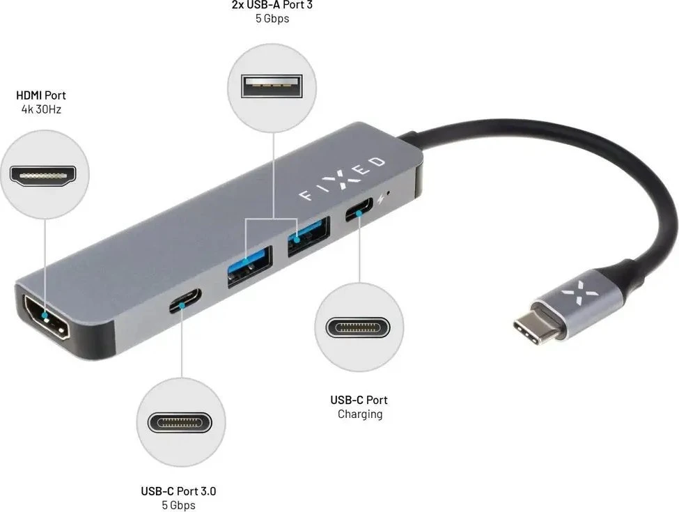 Fixed Fiksuotas | 5 prievadų USB-C mini šakotuvas nešiojamiesiems kompiuteriams ir planšetiniams kompiuteriams | FIXHU-MN-GR