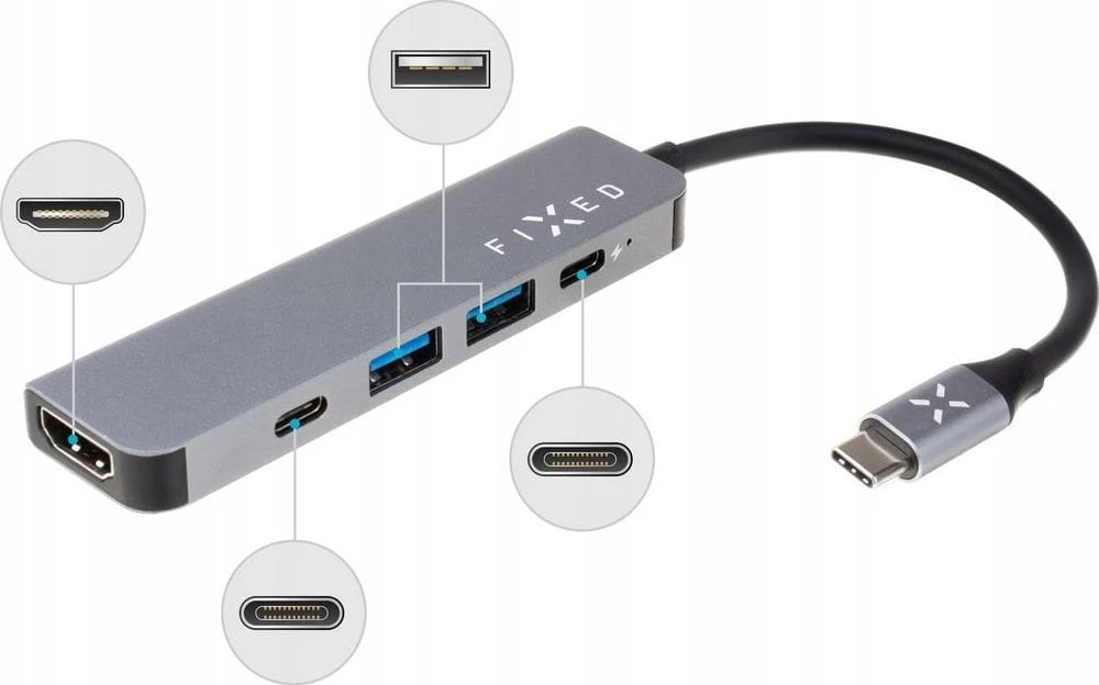 Fixed Fiksuotas | 5 prievadų USB-C mini šakotuvas nešiojamiesiems kompiuteriams ir planšetiniams kompiuteriams | FIXHU-MN-GR